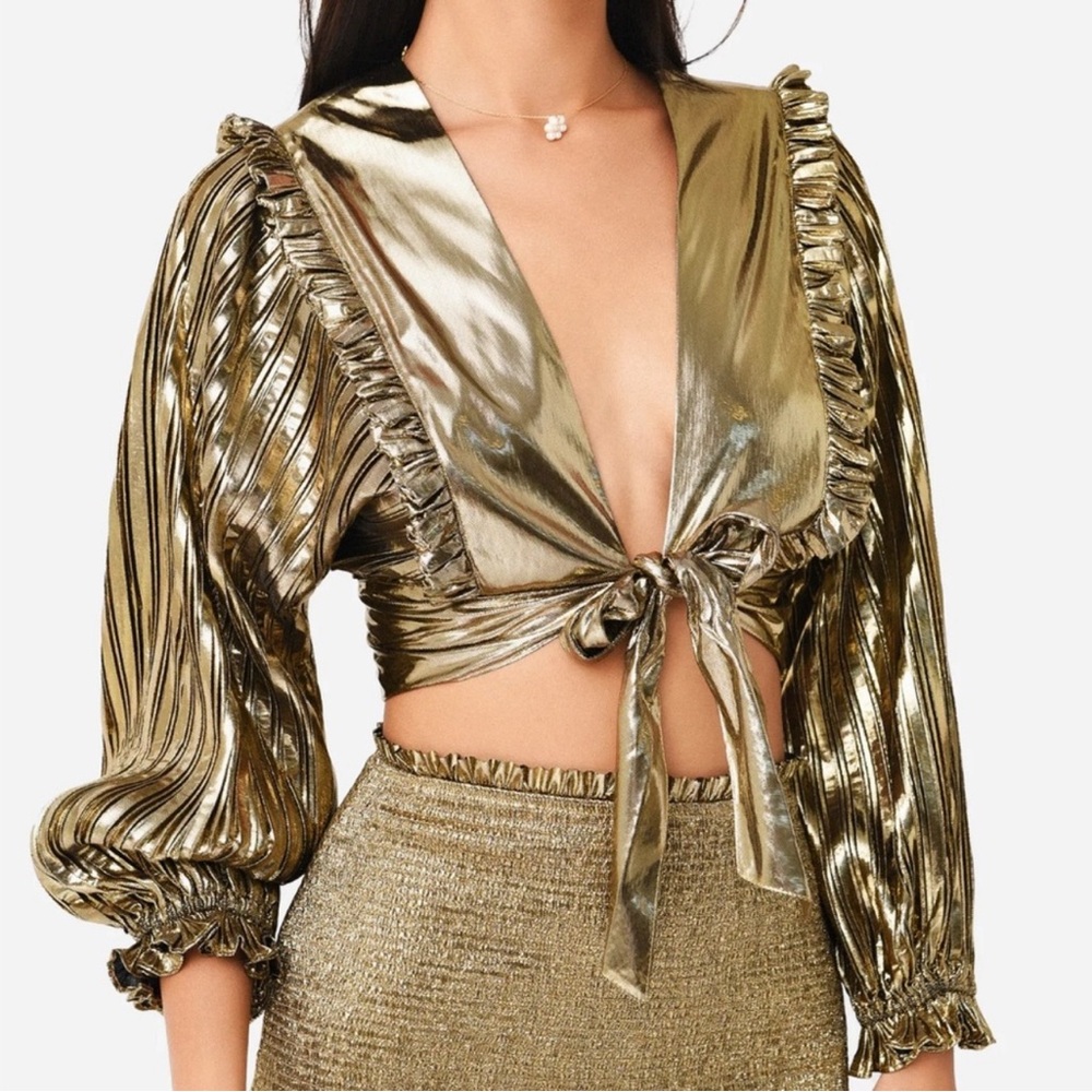 LoveShackFancy Gold Crop Top with Tie Front and Ruffled 3/4 Sleeves